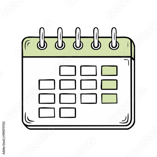 Hand drawn illustration of a simple calendar with highlighted days and spiral binding