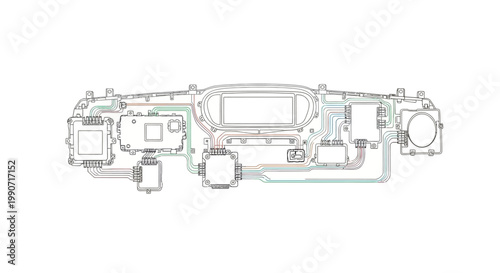 Technical vector illustration depicting a CAD automotive electrical system design, showcasing a wiring diagram circuit on a white background, created by architects and engineers