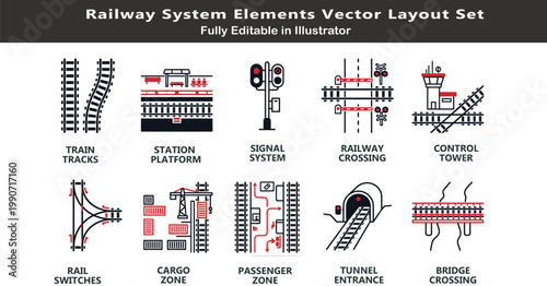 Railway system vector icons set, top view transport layout symbols, train tracks, stations, signals, switches, crossings, cargo zones, CAD plan