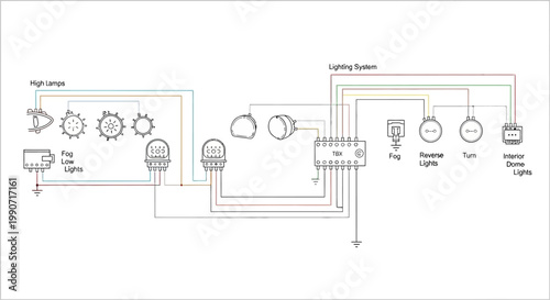 Detailed automotive electrical system CAD drawing, a vector illustration with icons showing wiring diagrams for high lamps, fog lights, and lighting systems against a clean white background