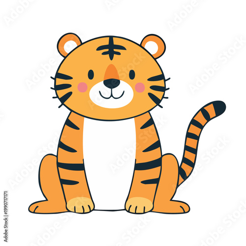 Cute cartoon tiger illustration with orange fur black stripes and happy expression sitting down