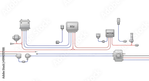 Detailed technical vector illustration of an automotive electrical system as a CAD design, showcasing wiring diagrams and circuit layouts for engineers against a clean white background