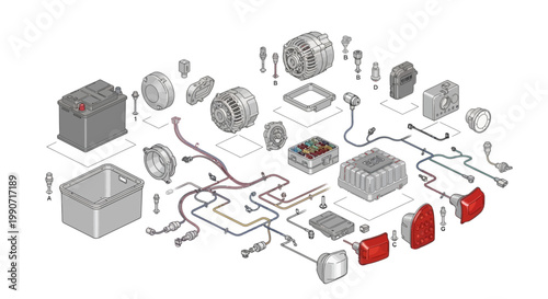 A detailed automotive electrical system CAD drawing, presented as a vector illustration with technical design elements, showcases a wiring diagram circuit against a clean background