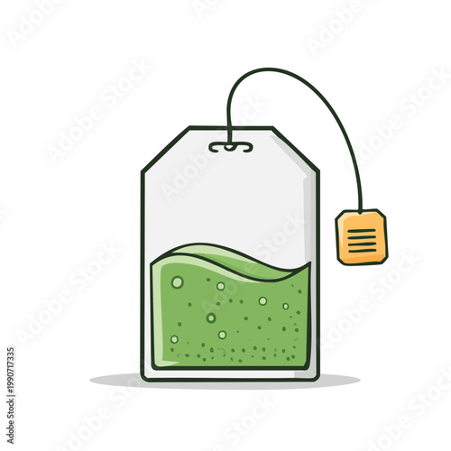 Hand-drawn illustration of a green tea bag with steeped herbal infusion and tag