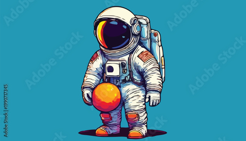 Astronaut Holding Orange Sphere in Space Suit Illustration.