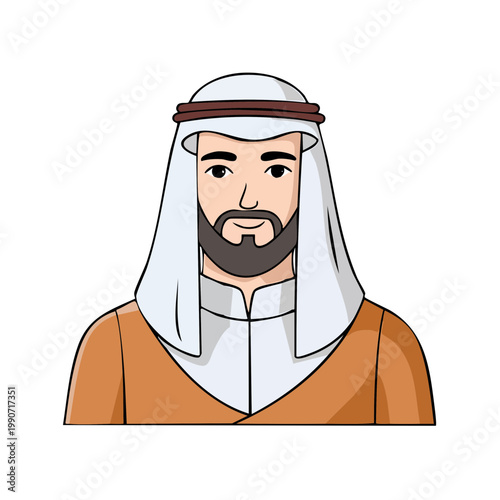 Illustration of a man wearing a traditional Middle Eastern thobe and ghutra headwear with a beard