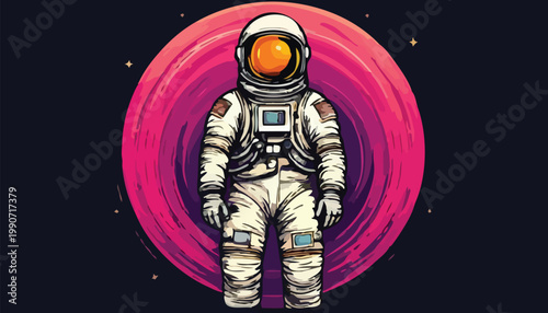 Astronaut in Space Suit Standing Against a Cosmic Background.