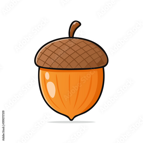 Cartoon illustration of a single acorn with a textured cap and smooth orange body on a white background