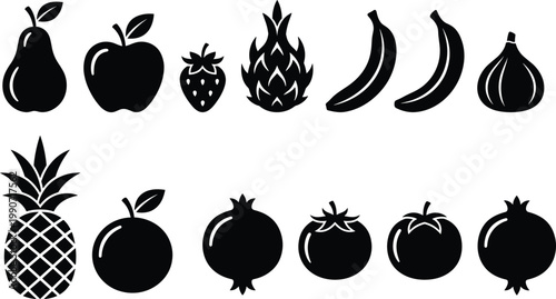Fruit silhouette illustration set featuring pear, apple, strawberry, dragon fruit, banana, fig, pineapple, orange, pomegranate, and tomato, food vector graphic, black-and-white drawing