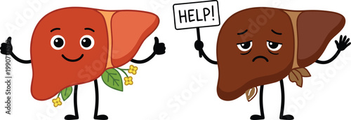 Healthy and unhealthy liver cartoon illustration featuring smiling organ with flowers and sad liver holding help sign, medical awareness vector graphic, black-and-white drawing