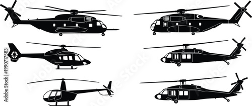 Helicopter silhouette illustration set featuring transport, utility, light, fenestron tail, and civilian aircraft, aviation vector graphic, diverse rotorcraft design, black-and-white drawing
