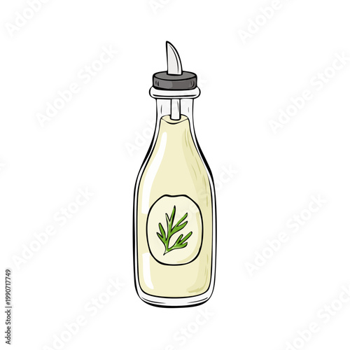 Clear glass bottle with oil and herb garnish with a pouring spout for cooking and dressings