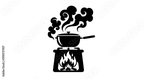 Cooking Pot on Stove with Steam Clouds and Fire Flame Silhouette - Adobe Illustrator Vector