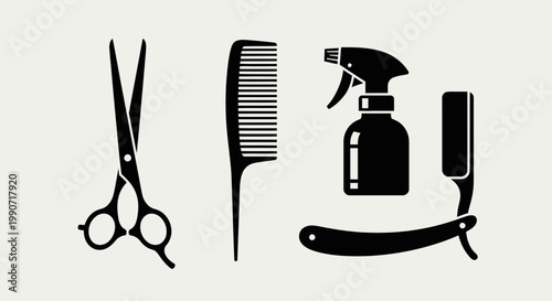 Professional Barber Shop Hair Salon Tools Set with Scissors Comb Spray Bottle and Straight Razor Silhouette – High Quality Adobe Illustrator Vector