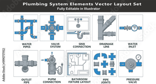 Plumbing system vector icons set, top view water piping layout, valves, drainage lines, fixtures, pump connections, pressure control CAD symbols