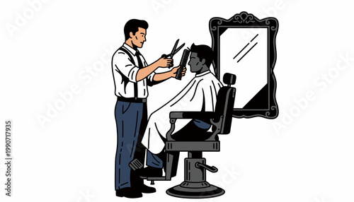 Vintage Barber Shop Scene with Professional Stylist Cutting Hair of Client in Classic Chair – High Quality Adobe Illustrator Vector