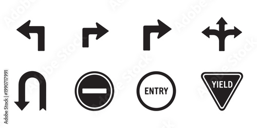 Direction road signs icons: straight ahead arrow sign, left turn arrow sign, right turn arrow sign, U turn arrow sign, merge lanes arrow sign, roundabout circular arrows sign