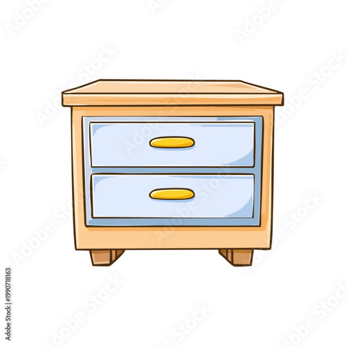 Cartoon illustration of a simple wooden nightstand with two light blue drawers and yellow knobs.