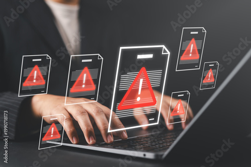 Obraz na plátne Data breach concept with hacker accessing confidential files, representing insider threats, unauthorized access, information leaks, and cybersecurity risks with warning icons