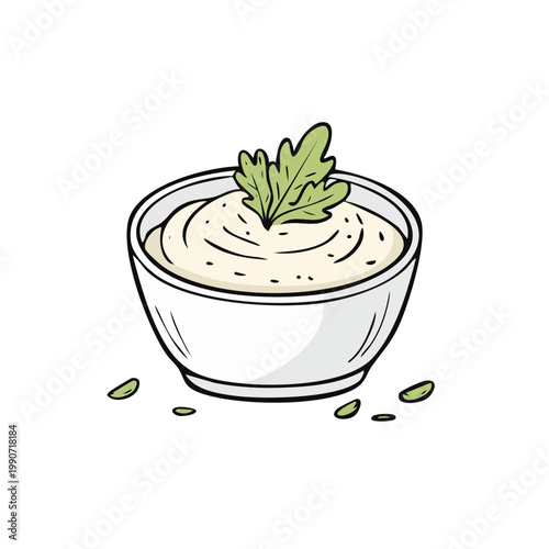 Hand drawn creamy sauce or dip in a white bowl garnished with a fresh green herb leaf