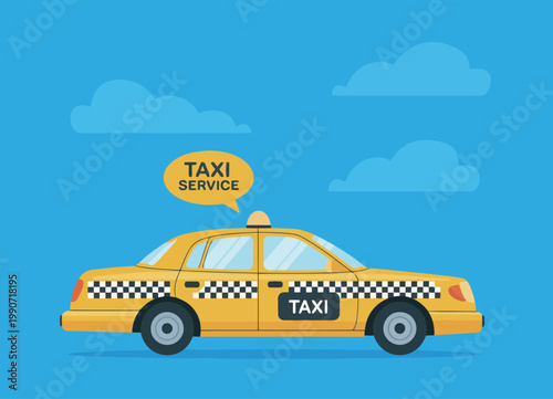 Yellow taxi cab with a Taxi Service speech bubble under blue sky and scattered clouds