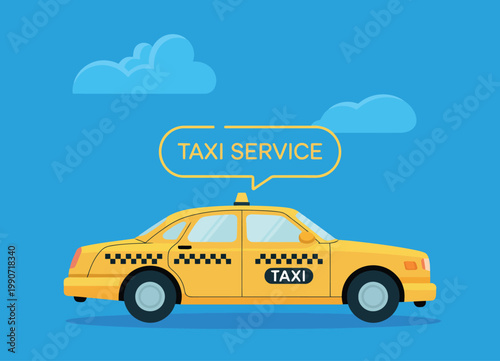 Yellow taxi car with a modern outline speech bubble showing Taxi Service against a blue sky background