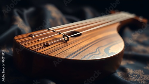 pipa. An exquisite rosewood pipa resting on brocade fabric, polished wood. event programs, museum guides, designed for cultural heritage projects and event programs, preserves heritage.
