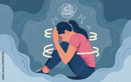 Young woman experiences mental distress and confusion, sitting alone with swirling thoughts and emotional pain