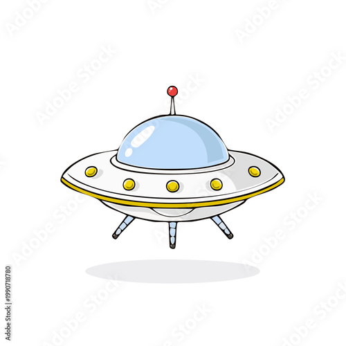 Whimsical cartoon flying saucer spaceship with domed window and antennae