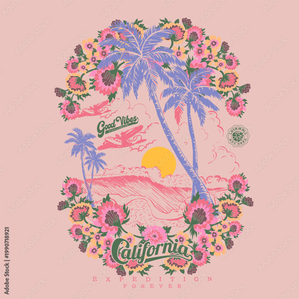 Naklejka premium Tropical Flowers Graphic Design. hand drawing flowers with summer beach illustration. make it for girl's women's tee shirt print design. 