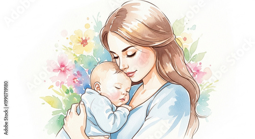 A tender illustration of a mother holding her baby surrounded by colorful flowers