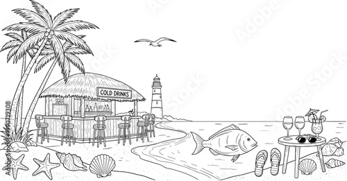 Beach Bar and Seaside Scene with Palm Trees, Lighthouse, Fish, and Cocktails for Vacation, Travel, and Resort Digital Media