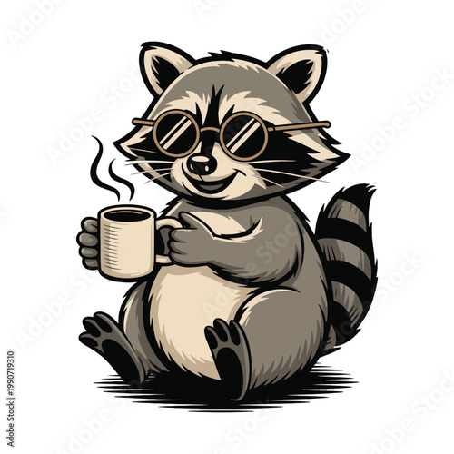Cute Cartoon Raccoon Character with Sunglasses Drinking Coffee, Vintage Distressed Vector Illustration for T-Shirt Print