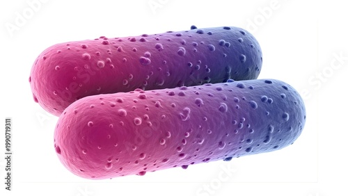 A colorful microscopic view of two bacteria cells with a textured surface