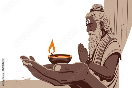 Devout guru offering a lit oil lamp with praying hands