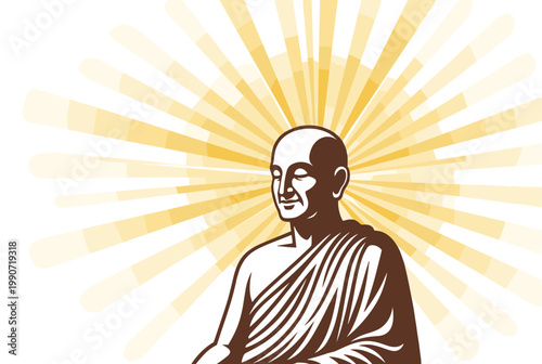 Bald man in saffron robes with radiant aura of light