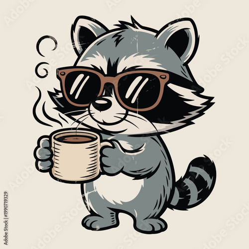 Cute Cartoon Raccoon Character with Sunglasses Drinking Coffee, Vintage Distressed Vector Illustration for T-Shirt Print