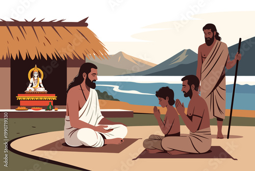 Indian guru teaching disciples by tranquil lake at sunrise