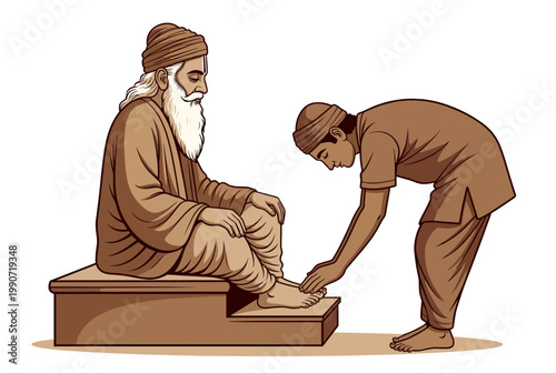 Elderly guru seated on steps while disciple touches his feet