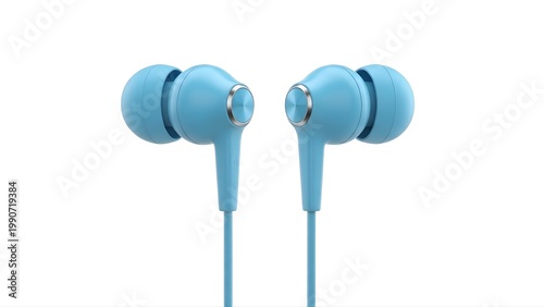 A pair of blue earbuds with cords on a white background