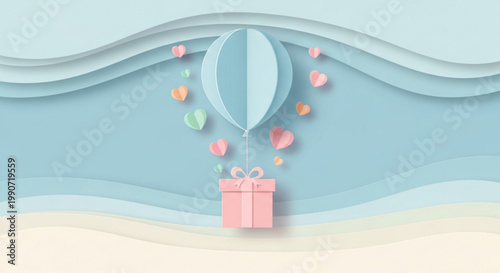 A minimalist vector graphic illustration of a pink gift box with a blue balloon and colorful hearts floating above it