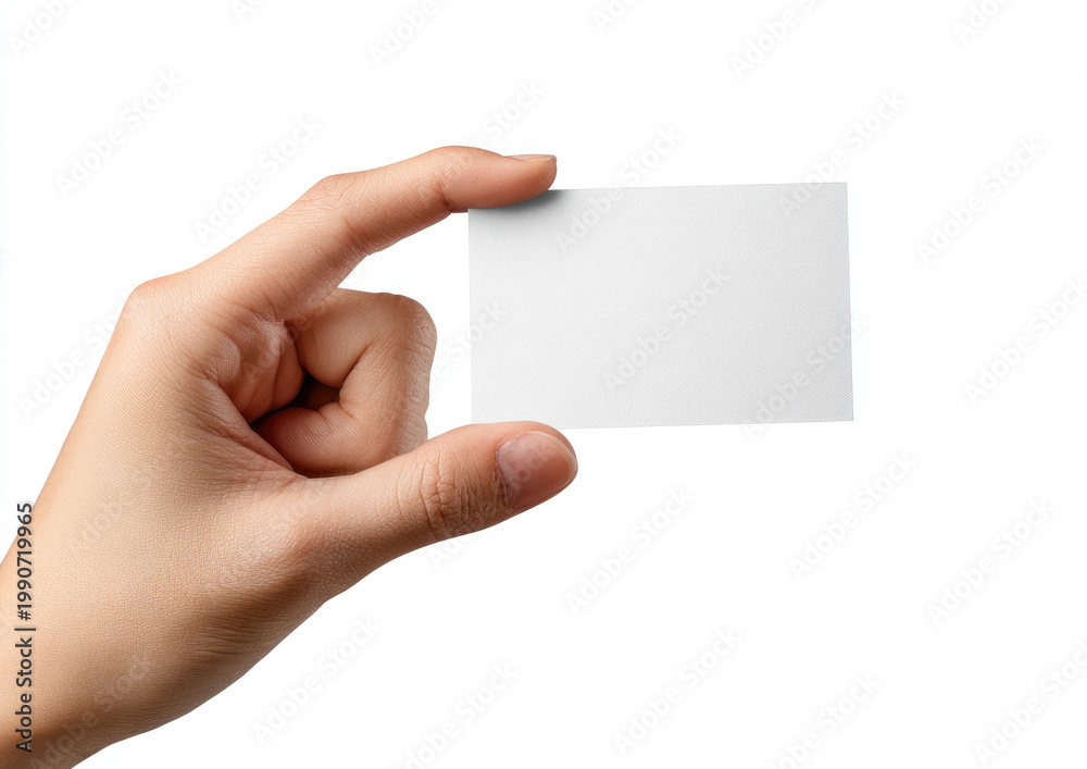 Obraz premium A clean white card is held between two fingers against a white backdrop