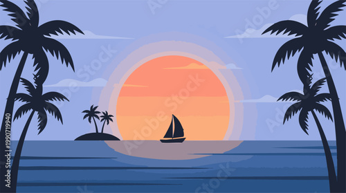 Vibrant Tropical Sunset Landscape with Silhouetted Sailboat and Palms