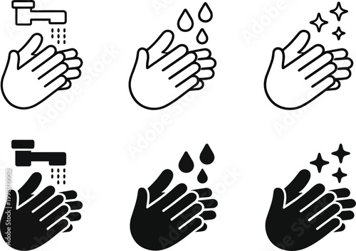Hand washing icon collection, wash your hands symbols, water tap, soap bubble, and droplet illustrations, editable vector set, flat and stroke design
