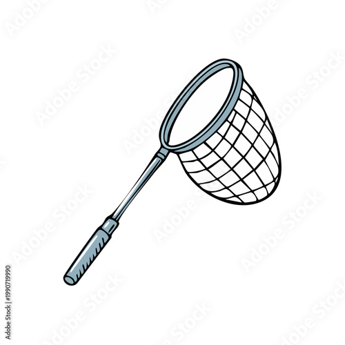 Hand drawn illustration of a simple butterfly net with a metal frame and fabric mesh on a white background