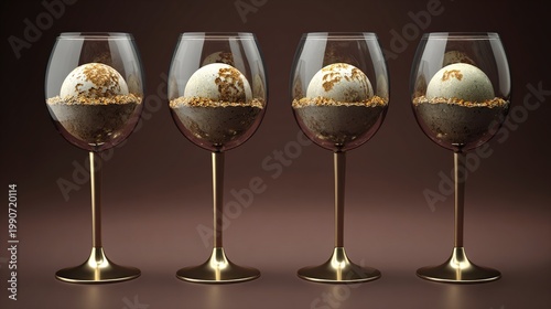 decade. Artistic visualization of wine glasses becoming more fragile with each decade marker, balancing enjoyment and health, bar promotions.