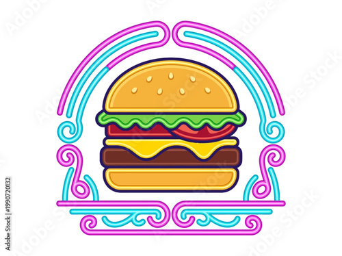 Vibrant Retro Diner Neon-Style Burger Icon with Glowing Turquoise and Pink Decorative Frame on White Background
