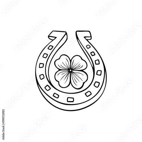 Lucky horseshoe icon with four leaf clover inside for good fortune and superstition