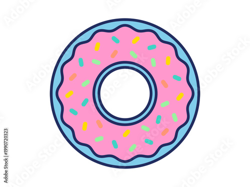 Delightful retro diner donut icon with vibrant pink frosting and colorful sprinkles in perfect circular symmetry, a sweet illustration.