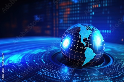 Futuristic Digital Globe with Holographic Data Rings on Dark Background